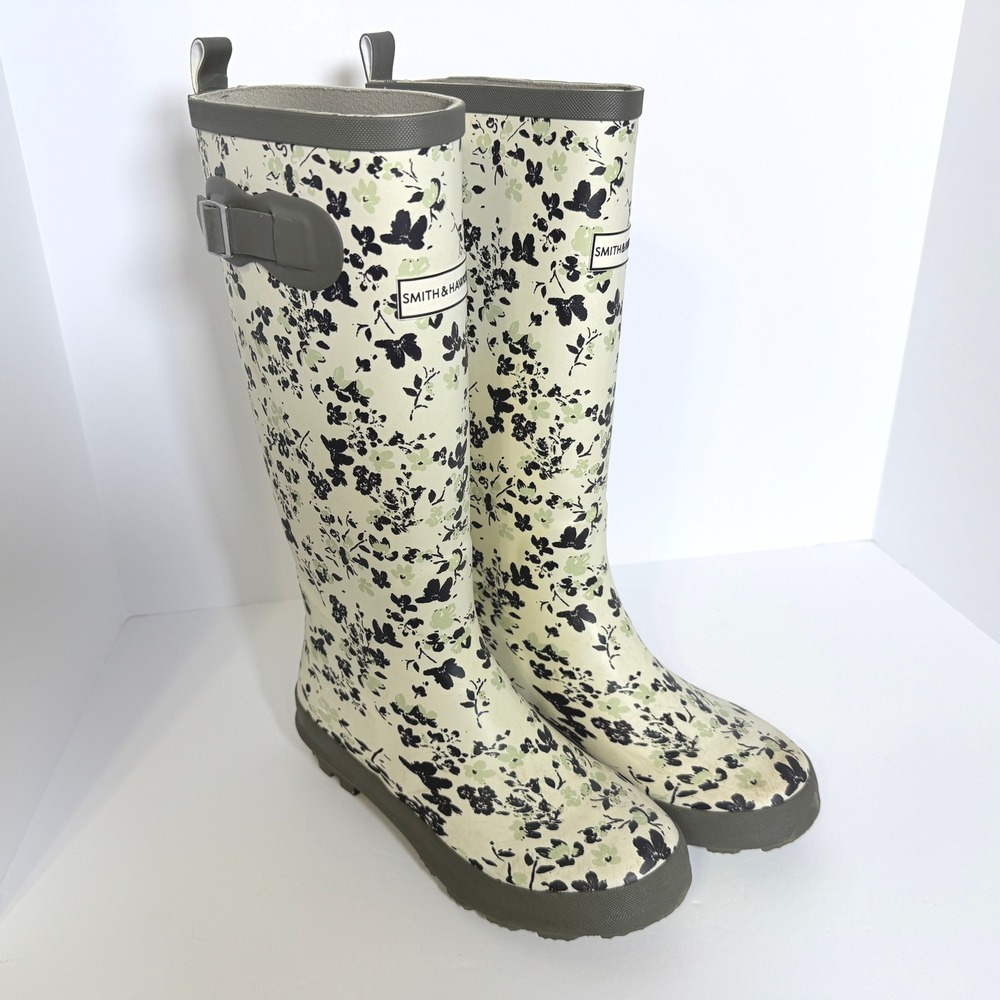 Smith & Hawken Womens Floral Tall Rain Boots Cream Olive Green Size 7 Waterproof